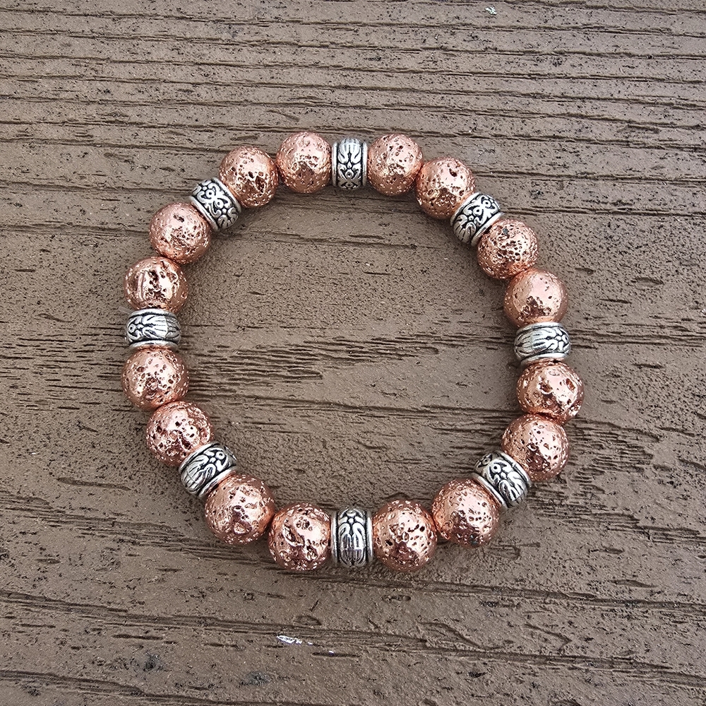 Rose Gold Lava Rock and Silver Toned Accents  Beaded Handmade Bracelet